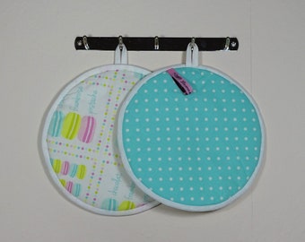 Pot holders round pastel macarons turquoise polkadots set of 2