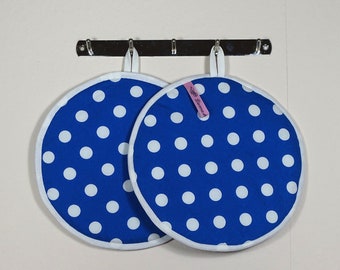 Pot holders round polkadot cobalt blue white set of 2