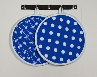 Pot holders round polkadots palm trees cobalt blue white set of 2