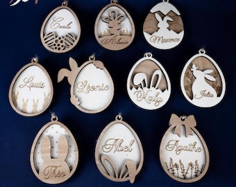 Œuf de Pâques personnalisé en bois – Suspension avec prénom