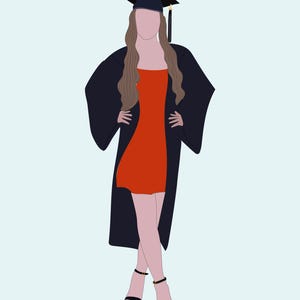 以下が含まれることがあります： 卒業衣装を着た人物のイラスト。人物は、タッセル付きの黒い卒業帽子、黒いガウン、赤いドレスを着ています。黒いハイヒールサンダルがルックを完成させます。背景は水色です。