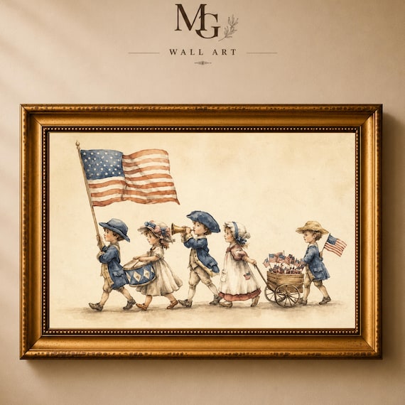 Vintage Patriotic Children Parade Printable Wall Art, Fourth of July Decor, Colonial Style Digital Download