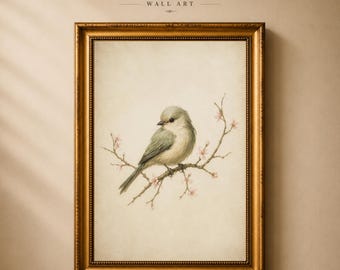 Vintage vogel muurdecoratie, aquarel vogel op bloesemtak, cottagecore natuurprint, antieke botanische decoratie, digitale download