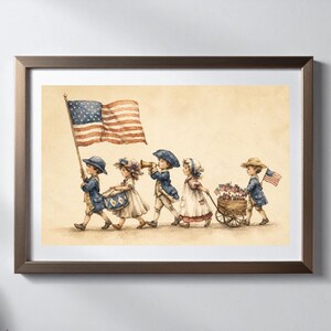 Op de afbeelding: Een ingelijste aquarelillustratie met vijf kinderen in historische kleding die in een optocht lopen. E&eacute;n kind draagt een grote Amerikaanse vlag, een ander speelt op een trommel, &eacute;&eacute;n blaast op een hoorn en een ander trekt een houten karretje.
