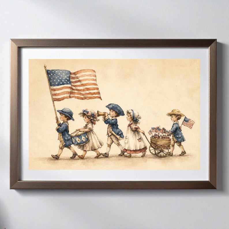 Op de afbeelding: Een ingelijste aquarelillustratie met vijf kinderen in historische kleding die in een optocht lopen. E&eacute;n kind draagt een grote Amerikaanse vlag, een ander speelt op een trommel, &eacute;&eacute;n blaast op een hoorn en een ander trekt een houten karretje.