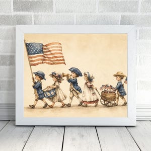 Op de afbeelding: Een ingelijste aquarelillustratie met vijf kinderen in koloniale kleding die in een optocht lopen. E&eacute;n kind draagt een grote Amerikaanse vlag, een ander bespeelt een trommel, &eacute;&eacute;n speelt een trompet en de laatste trekt een houten kar vol kleine vlaggetjes.