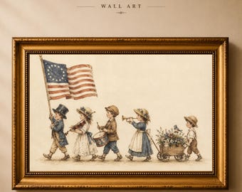 Vintage patriottische kinderparade muurdecoratie om te printen, Amerikaanse kinderillustratie, koloniale vlagkunst, 4 juli decoratie, printbare download