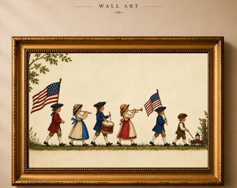 Vintage Amerikaanse silhouet parade printbare muurdecoratie, patriottische koloniale kinderillustratie, minimalistische volkskunst digitale download