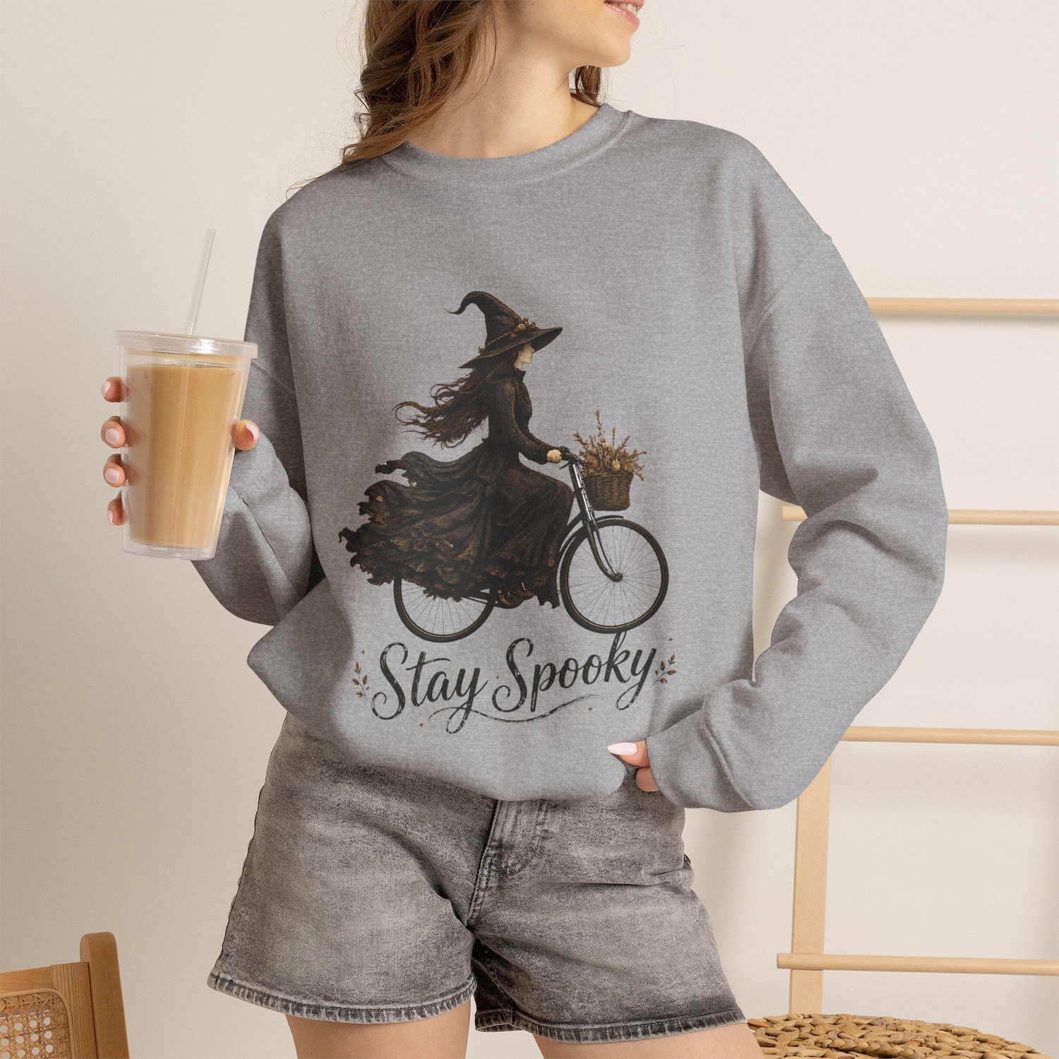 Stay Spooky Sweatshirt, Witch Bicycle Sweatshirt, Cozy Halloween Sweatshirt, Fall Graphic Sweatshirt, Spooky Season Pullover