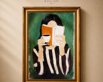 Vintage muurdecoratie met een lezende vrouw, printbaar voor koffieliefhebbers, gezellige boekenkunst, digitale download voor decoratie