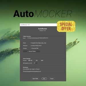 以下が含まれることがあります： 画像には、太字の「AutoMOCKER」というテキストが表示されています。 AutoMockerソフトウェアインターフェースのスクリーンショットが表示され、ファイル形式、品質、フォルダー構造のオプションがあります。 「SPECIAL OFFER」ステッカーが画像にあります。