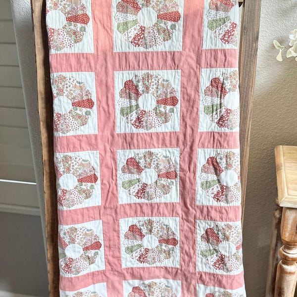 Vintage Handmade Patchwork Quilt Throw | Pink Floral Dresden Plate Quilt | Cottagecore Farmhouse Blanket | Hand Stitched Floral Quilt