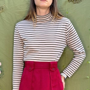 Vintage Mod Cream Horizontal Striped Zip-Up Turtleneck Sweater image 1