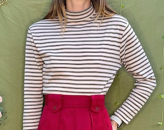 Vintage Mod Cream Horizontal Striped Zip-Up Turtleneck Sweater