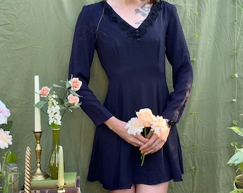 Vintage Dawn Joy Fashions Black Long Sleeve Mini Dress with Shoulder Pads