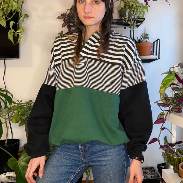 Vintage Imprints Green Striped Pullover Half Button Sweatshirt