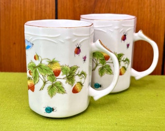 Vintage Set of 2 Ardalt Strawberry and Butterfly Gold Rimmed Mugs