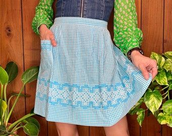 Vintage Handmade Embroidered Cotton Gingham Waist Apron