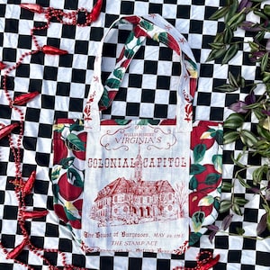 Handmade Williamsburg Tea Towel and Upcycled Tablecloth Quilted Tote Bag