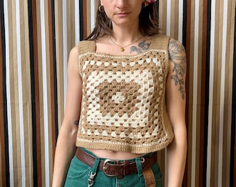 Vintage Homemade Crochet Granny Square Boxy Cropped Tank Top