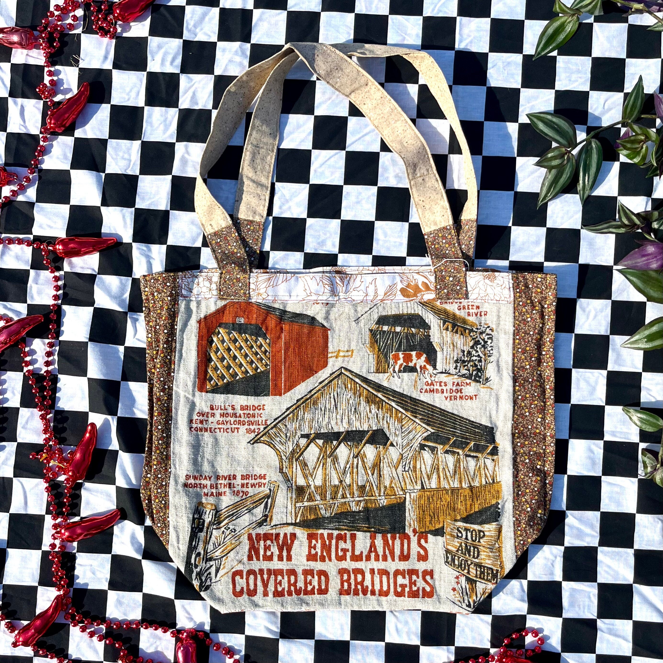 Handmade Covered Bridge Tea Towel & Upcycled Fabric Tote Bag