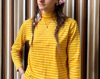 Vintage Mod Mustard Horizontal Striped Zip-Up Turtleneck Sweater