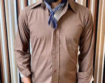 Vintage 70s Brown Long Sleeve Oxford Dagger Collar Shirt