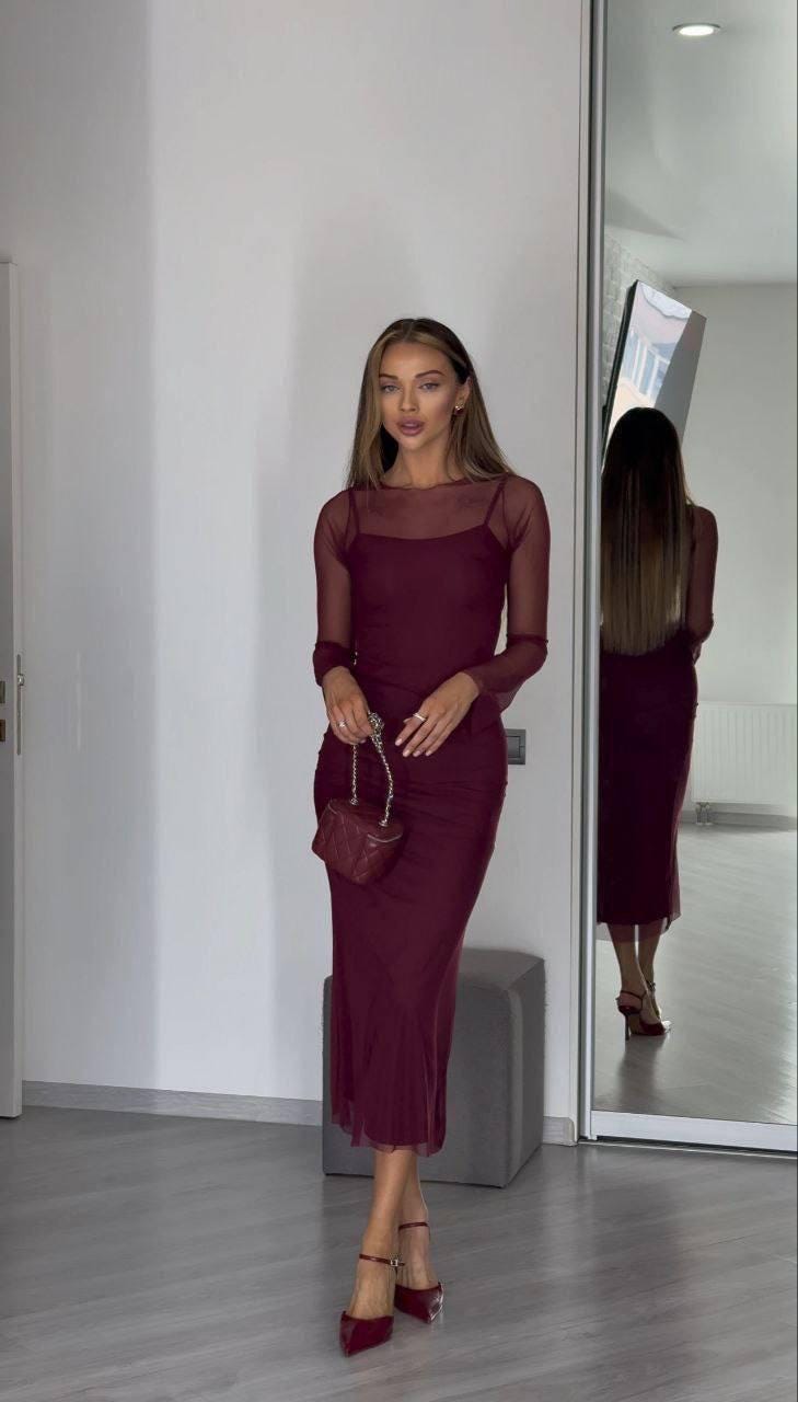 Burgundy Mesh Maxi Dress, Two Layer Sheer Dress, Minimal Elegant Gown, Long Sleeve Bodycon Dress - Etsy Burgundy Mesh Maxi Dress, Two Layer Sheer Dress, Minimal Elegant Gown, Long Sleeve Bodycon Dress - Etsy