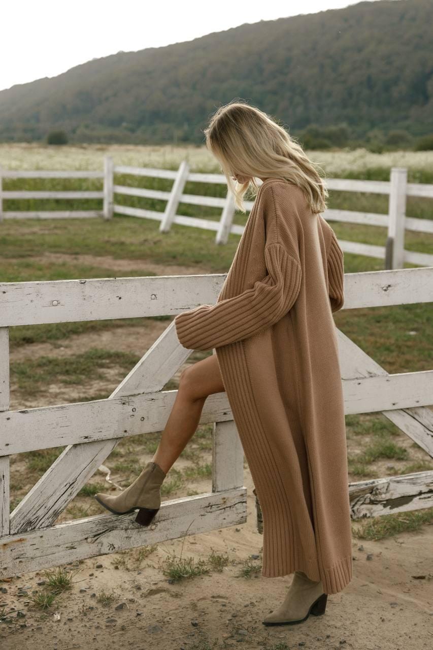 mfpen　Fence Cardigan Maxi Knit Cardigan in Camel, Long Belted Cardigan Coat, Soft Wool