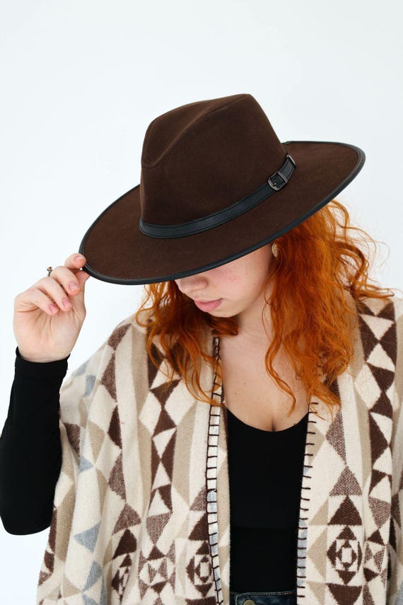 Chocolate Brown Fedora Hat, Twill Wide Brim, Eco Leather 
