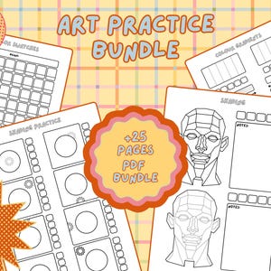 May include: Art practice bundle with various worksheets for drawing and color practice. Includes shading practice, color palettes, and face diagrams. The bundle contains over 25 pages in PDF format. The background is a light yellow plaid pattern.