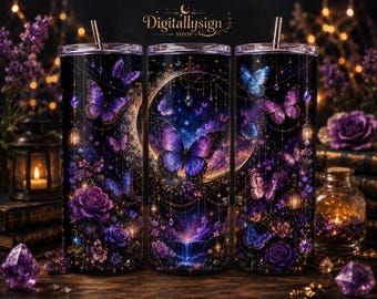 Purple Butterfly Moon Tumbler Wrap PNG | Dark Fantasy Floral Sublimation Design (Digital Download)