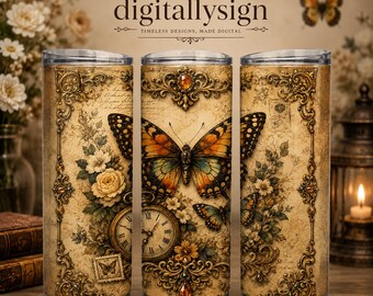 Adesivo para copo térmico com estampa floral de borboleta vintage em PNG, design rústico campestre (download digital)