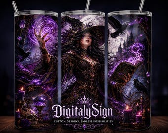 Gothic Witch Tumbler Wrap PNG | Purple Magic Sorceress Sublimation Design (Digital Download)