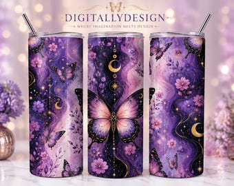 Purple Butterfly Tumbler Wrap PNG | Celestial Floral Sublimation Design (Digital Download)