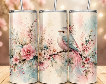 Diseño PNG de vaso térmico con pájaros en tonos pastel y flores / Diseño de sublimación para vaso térmico delgado de 20 oz / Descarga digital de vaso térmico con pájaros primaverales en acuarela