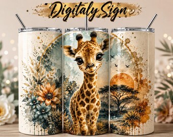 Adesivo PNG para copo com estampa de girafa bebê | Sublimação de animal de safári em aquarela boho (download digital de 590ml)