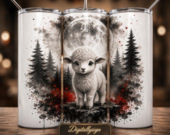 Adesivo para copo térmico Lamb Forest Moon, estampa PNG para sublimação com animais da floresta (Download digital)