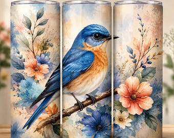 Arte em aquarela do pássaro-azul-oriental – Ilustração floral de pássaro (Download digital)