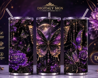 Purple Butterfly Tumbler Wrap PNG | Gothic Dark Floral Moon Design (Digital Download)