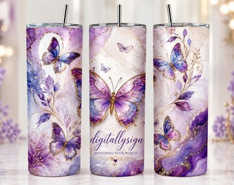 Purple Butterfly Tumbler Wrap PNG | Watercolor Floral Marble Design (Digital Download)