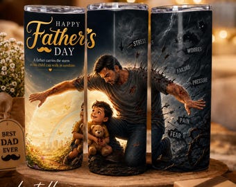 Copo térmico para o Dia dos Pais, com arte que demonstra a proteção do pai e do filho, presente dos filhos para o papai, design emocionante.