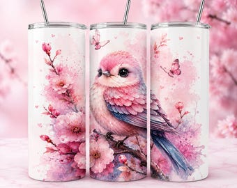 Adesivo para copo térmico com estampa de pássaro rosa e flor de cerejeira em PNG, design floral de primavera em aquarela (download digital)