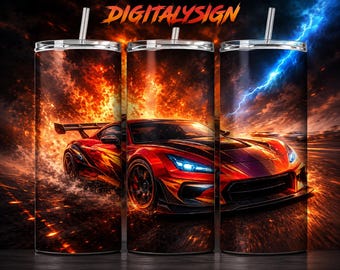 Adesivo para Copo Térmico com Tema de Carro de Corrida Incendiário | Design de Sublimação para Carro Esportivo (Download Digital)