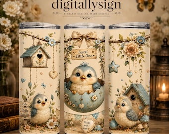 Adesivo para copo térmico com estampa de passarinho bebê em PNG, design floral de primavera para sublimação (download digital)