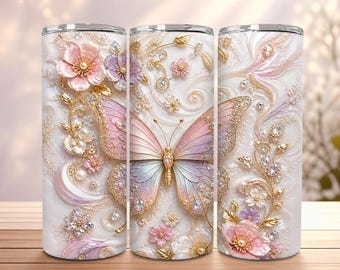 Diseño PNG de envoltura para vaso con mariposa floral 3D, diseño de sublimación con purpurina pastel (descarga digital)