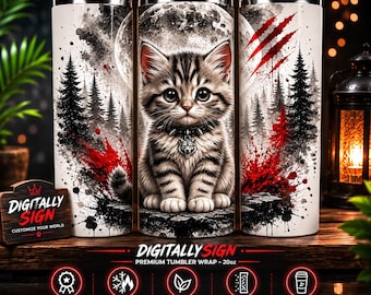 Adesivo para copo térmico com estampa de gato na floresta ao luar (download digital)