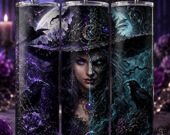 Split Face Witch Tumbler Wrap PNG, Gothic Halloween Sublimation Design