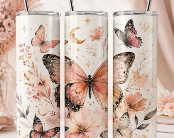 Watercolor Butterfly Tumbler Wrap, Floral Celestial Design (Digital Download)