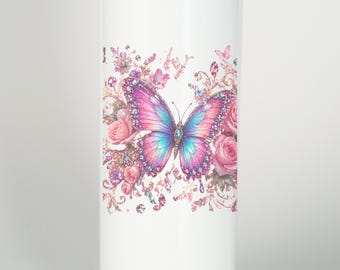 Adesivo per bicchiere con farfalla gioiello PNG / Design a sublimazione con fiori rosa glitterati (Download digitale)